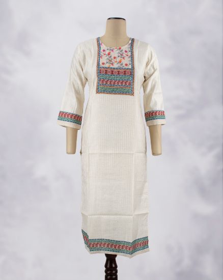Picture of Off White Silk Cotton Sequence Work Straight Kurti