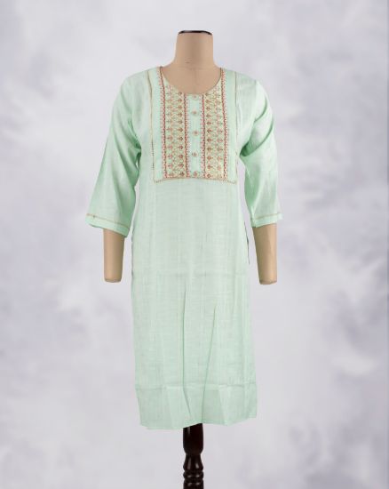 Picture of Olive Green Embossed Works Straight Kurti