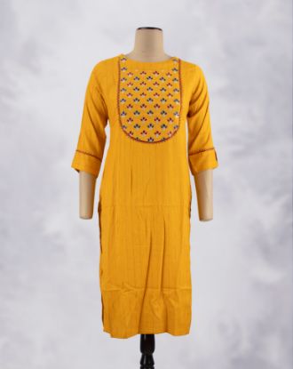 Picture of Yellow Rayon Embossed Work Straight Kurti
