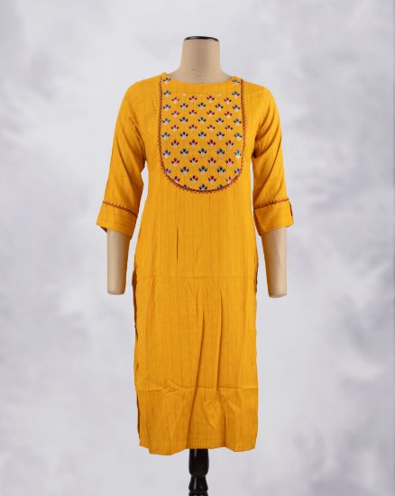 Picture of Yellow Rayon Embossed Work Straight Kurti