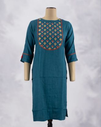 Picture of Dark Blue Rayon Embossed Work Straight Kurti