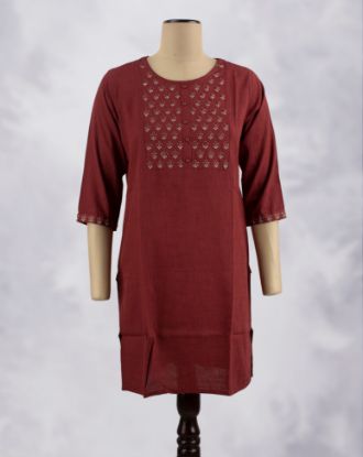 Picture of Maroon Rayon Embroidery work Straight Kurti