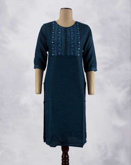 Picture of Dark Blue Embroidery Straight Kurti