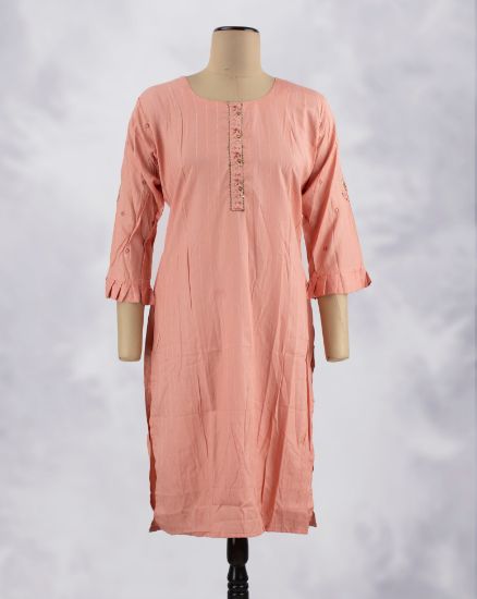 Picture of Lite Orange Rayon Vertical Line work Straight Kurti