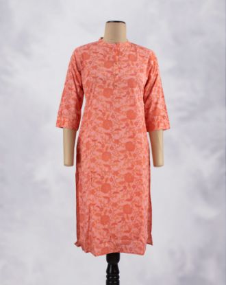 Picture of Orange Cotton Floral Straight Kurti