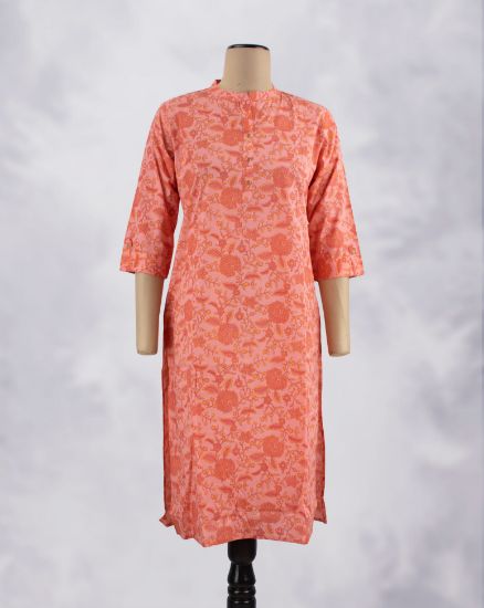 Picture of Orange Cotton Floral Straight Kurti