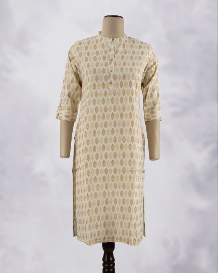 Picture of Ivory Cotton Golden Prints Kurti