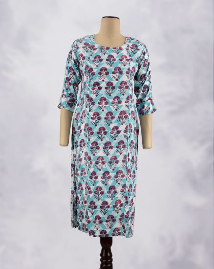 Picture of Blue Floral Motif's Prints Straight Kurti 