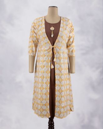 Picture of Yellow Full Coat Prints Umbrella Kurti