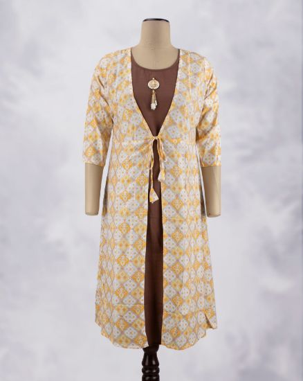 Picture of Yellow Full Coat Prints Umbrella Kurti