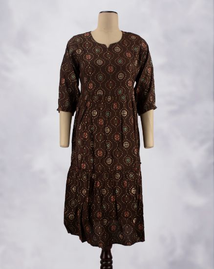 Picture of Brown Golden Prints Umbrella Kurti