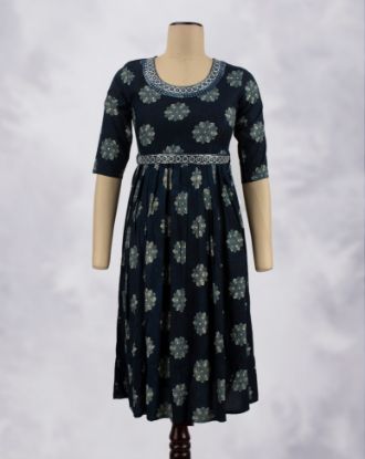 Picture of Dark Blue Neck Embroidery Prints Umbrella Kurti