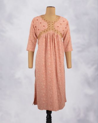 Picture of Orange Golden Embroidery Floral Prints Straight Kurti
