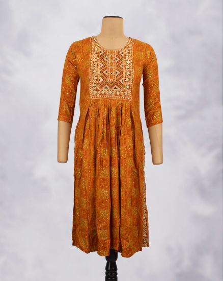 Picture of Orange Tango Floral Print Straight Kurti